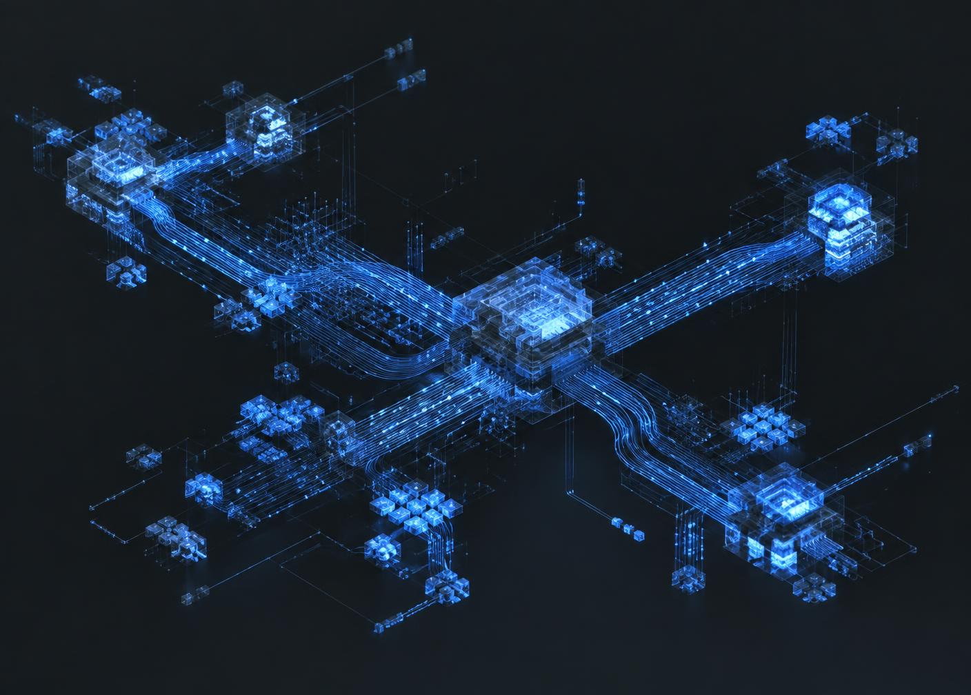 Abstract visualization of interconnected computing systems and data paths