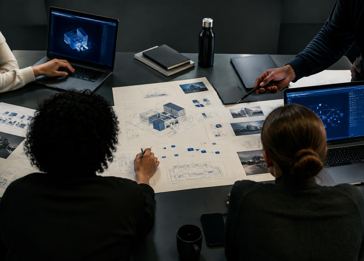 A collaborative technology planning session viewed from above; illustrative imagery, not Fert Organic GmbH personnel or offices