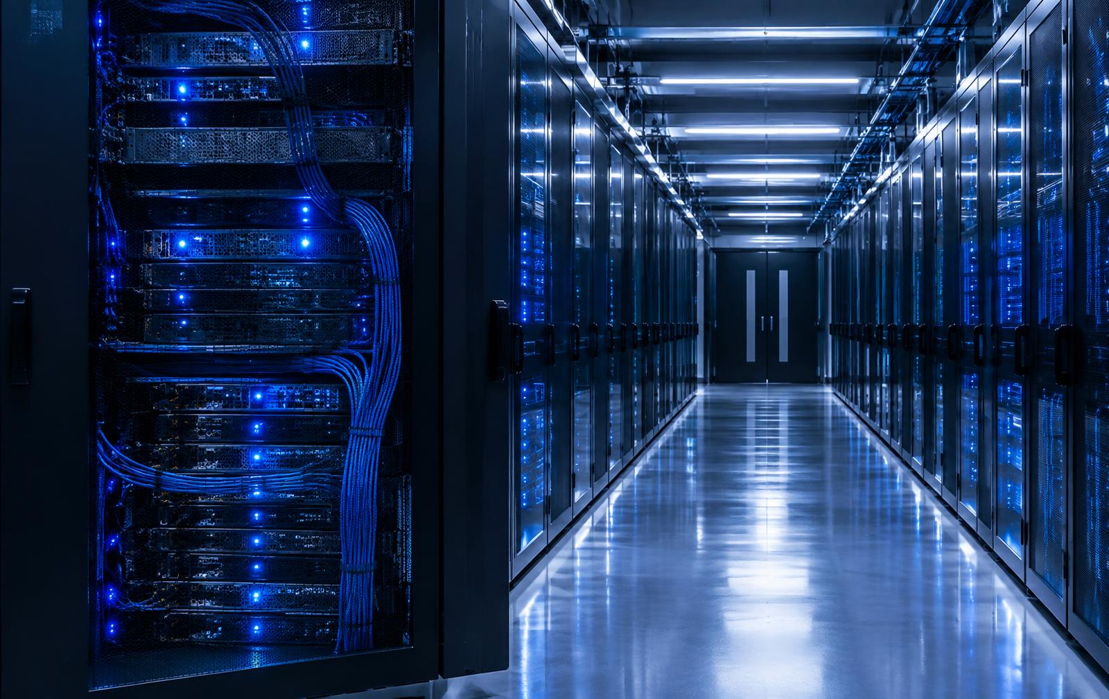 A precisely organized data center aisle with illuminated server equipment