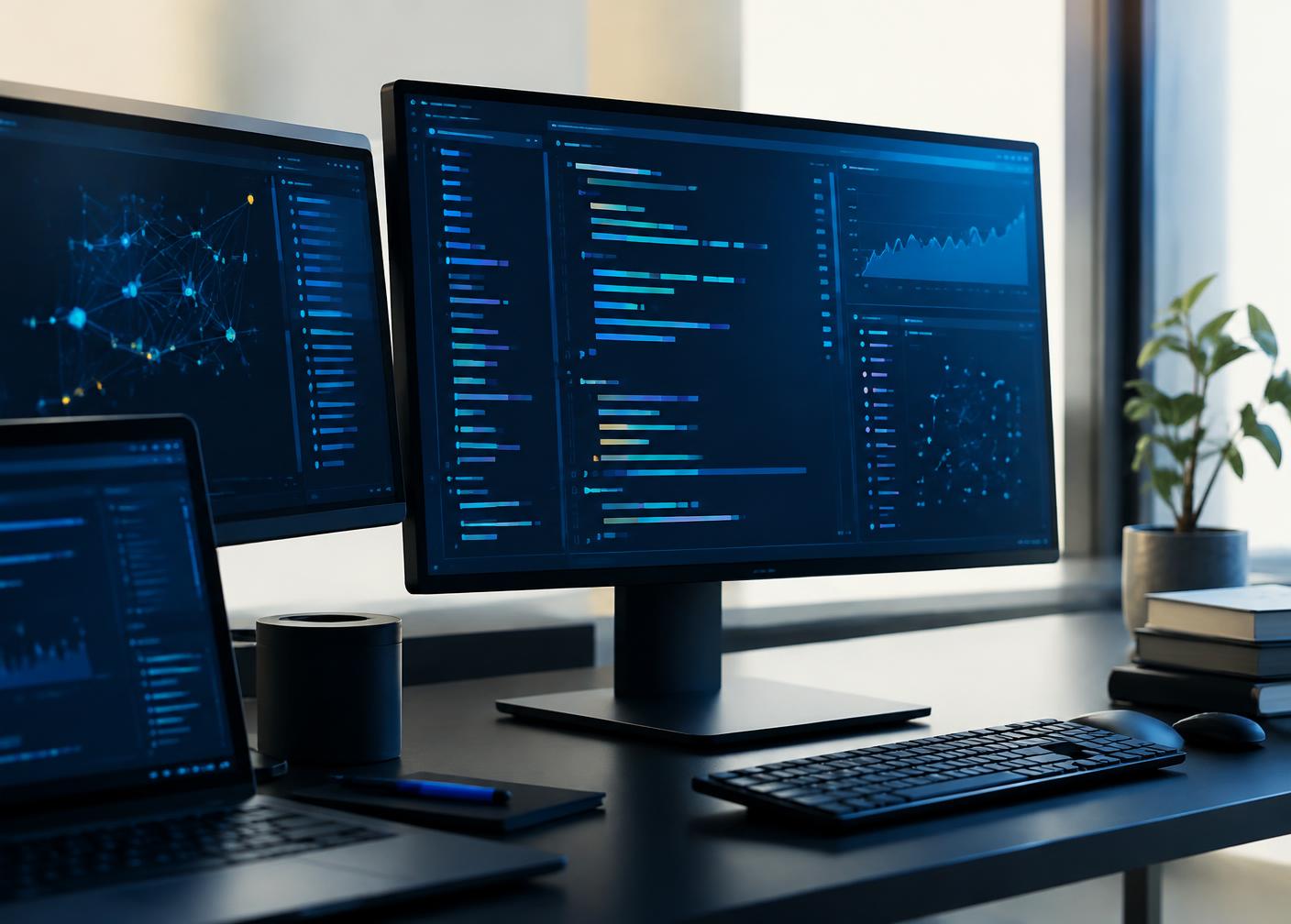 Software engineering monitors in a carefully arranged technical workspace; illustrative imagery, not a Fert Organic GmbH office